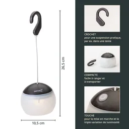 Hängelampe mit weißem, rundem Körper und schwarzem oberen Teil, ausgestattet mit einem Haken zum Aufhängen. Maße: 26,5 cm hoch, 10,5 cm Durchmesser.
