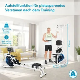Rudergerät mit Aufstellfunktion in einem hellen Raum, Person mit Tablet steht daneben. Maße und Benutzergewicht angegeben.
