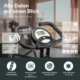 Trainingsgerät mit LCD-Bildschirm, Pulsanzeige und Daten zu Entfernung, Geschwindigkeit, Zeit und Kalorienverbrauch.