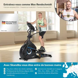Mann trainiert auf einem Ellipsentrainer in einem hellen Raum mit Fenstern. Ein Logo und Beschreibungen sind am unteren Bildrand.