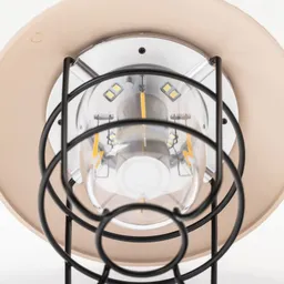 Deckenleuchte mit runder, beiger Abdeckung und schwarzem Gitter um das Glaslicht, sichtbar sind LED-Elemente.