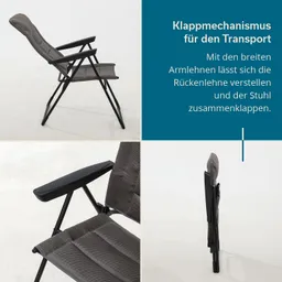 Zusammenklappbarer Stuhl mit verstellbarer Rückenlehne und breiten Armlehnen. Gekreuzte Beine, textiles Sitzmaterial.