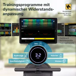 Bild eines Rudergeräts mit digitalem Display und Tablet, das Trainingsprogramme zeigt. Elemente wie Zeit, Kalorien und Geschwindigkeit sind sichtbar.