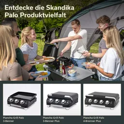 Grill auf einem Tisch im Freien, umgeben von vier Personen, die Essen servieren. Im Vordergrund drei Grillmodelle abgebildet.