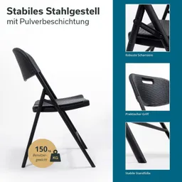 Faltstuhl mit schwarzem Stahlgestell und pulverbeschichteter Oberfläche. Seitliche Ansicht, Informationen über Benutzergewicht und Merkmale.