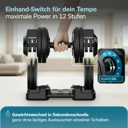 Ein schwarzer Hantel-Switch mit einem verstellbaren Gewicht und einer Hand, die den Griff hält. Im Hintergrund ist ein heller Raum sichtbar.