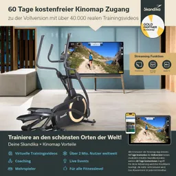 Ellipsentrainer von Skandika im Vordergrund, Fernseher im Hintergrund zeigt Trainingsvideo. Hinweis auf 60 Tage kostenlosen Kinomap-Zugang.