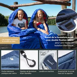 Zwei Personen sitzen an einem Steg am Wasser, eingewickelt in blaue Schlafsäcke. Der Hintergrund zeigt Bäume und Wasser.