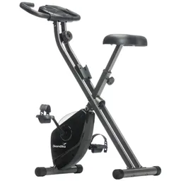 Faltbares Ergometer mit schwarzem Rahmen, Sitz und Pedalen. Anzeigeinstrument an der Haltestange.