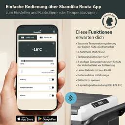 App-Oberfläche zur Temperaturregelung von Kühler/Gefrierer zeigt zwei Temperaturzonen und Funktionen. Smartphone mit Anzeige hält.