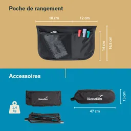 Schwarze Aufbewahrungstasche mit Netz und Stiften, daneben zwei schwarze Taschen und ein zusammengeklappter Ständer. Maße angegeben.