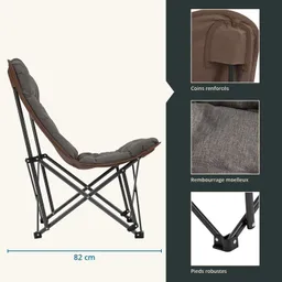 Faltstuhl mit grauem gepolstertem Sitz, braunen Armlehnen und schwarzem Gestell. Maße: 82 cm Breite. Detailansichten von Polsterung, verstärkten Ecken und stabilen Füßen.