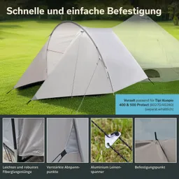 Zelt mit weißer Plane auf einer grünen Wiese, beschrieben mit Text zu Befestigung und Materialien. Details zu Bau und Eigenschaften sind abgebildet.