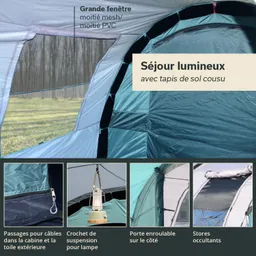 Zelt mit großen Fenstern, verschiedenen Ausstattungselementen wie Kabeldurchführungen, Lampenaufhängung und rollbarem Eingang.