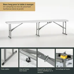 Lange, faltbare Tischplatte in Weiß mit stabilen, grauen Metallbeinen. Detailansichten von Befestigungselementen.