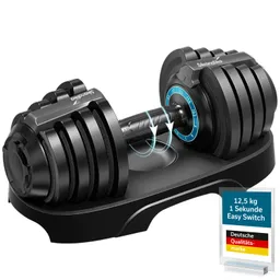 Verstellbare Kurzhantel auf einer Ablage, mit Gewichtsanzeige und Labels für einfache Bedienung und Qualität.