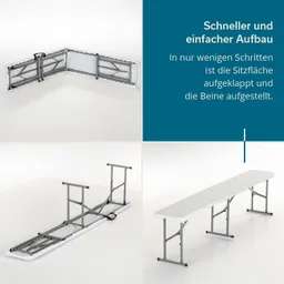 Bild zeigt eine klappbare Tischkonstruktion in drei Schritten: gefaltet, teilweise aufgebaut und vollständig aufgestellt.