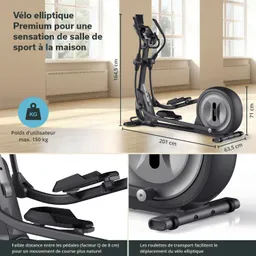 Ellipsenrad mit Abmessungen und Spezifikationen. Ein moderner Fitnessraum mit Fenstern im Hintergrund.