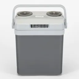 Graue Kühlbox mit einem grauen Deckel, zwei Lüftungsschlitzen und einem Tragegriff.
