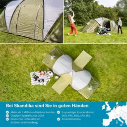 Drei Fotos zeigen Zelte in einem grünen Bereich. Oben links Nahaufnahme eines Zeltes, oben rechts eine Person mit einem Schläger. Unten eine Vogelperspektive auf zwei Zelte und Personen auf einer Decke.