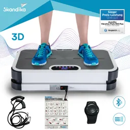 Vibrationsplatte mit digitalem Display, darauf stehen Füße in blauen Sportschuhen. Zubehör wie Gurt und Anleitung im Vordergrund.