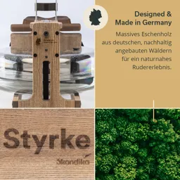 Rudergerät aus Eschenholz mit gläsernem Wasserbehälter, Text über nachhaltige Materialien und Produktdetails.