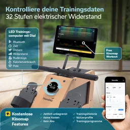 Rudergerät mit LED-Trainingscomputer, Tablet-Halterung und Smartphone-App. Anzeige von Trainingsdaten wie Zeit und Puls.