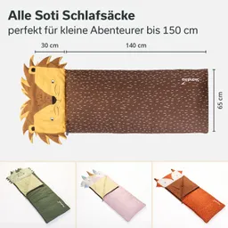 Ein Schlafsack mit Löwenkopf und braunem Körper sowie zwei weitere Schlafsäcke in Tiermotiv, auf hellem Hintergrund.