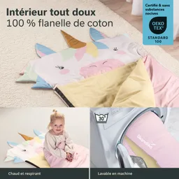 Eine bunte Decke in Form eines Einhorns aus weicher Baumwollflanelle liegt auf einem Teppich. Eine Person sitzt darauf. In der Ecke ist eine Waschmaschine abgebildet.