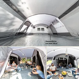 Innenraum eines großen Zeltes mit grauen Wänden und Boden. Oben sichtbar eine hohe Decke mit Fenstern. Unten zwei kleinere Ansichten von Gruppen, die an Tischen sitzen und miteinander sprechen.