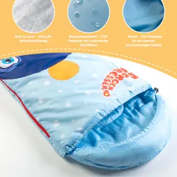 Schlafsack mit buntem Design in Blau und Orange, weich gefüttert, wasserabweisend, mit Sicht auf Innenseite und Reißverschluss.