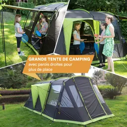 Große Campingkampe in der Natur, mit Personen, die sich im Eingangsbereich unterhalten und zwei Tennisrackets halten.