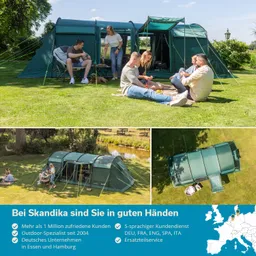 Zeltplatz mit mehreren Zelten, Personen sitzen auf einer Decke, im Hintergrund Bäume und eine Wiese.