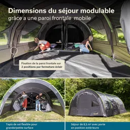 Zelt mit flexibler Frontwand, Innenansicht mit Boden und zwei Personen. Außenansicht zeigt großes, grünes Zelt auf Wiese.