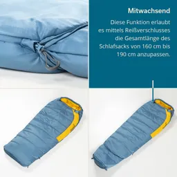 Schlafsack in blauer Farbe mit gelben Akzenten, zeigt Reißverschluss und anpassbare Länge von 160 cm bis 190 cm.