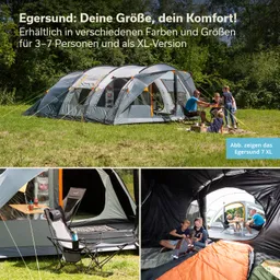 Zelt in freier Natur, umgeben von Rasen. Menschen sitzen, essen und spielen. Unterschiedliche Zeltbereiche innen und außen sichtbar.