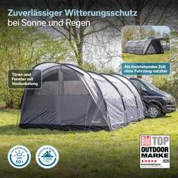 Zelt in der Natur, das einen wetterfesten Schutz bietet. Neben dem Zelt ein Fahrzeug. Baumwipfel im Hintergrund.
