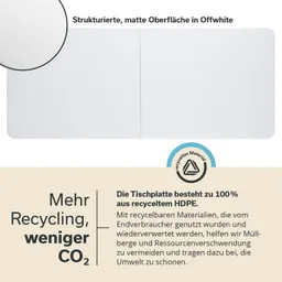 Tischplatte mit strukturierter, matten Oberfläche in Offwhite. Text über Recycling und umweltfreundliche Materialien.