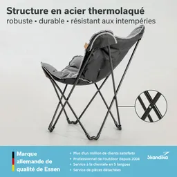 Faltstuhl mit thermolackierter Stahlstruktur, grauem Bezug und einem kleinen Detailbild der Stuhlbeine.