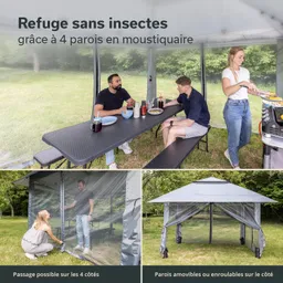 Ein Gartenbereich mit einem Moskitonetz-Pavillon. Drei Personen sitzen an einem Tisch und essen. Eine Person grillt. Im unteren Teil ist eine Detailansicht des Pavillons.
