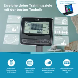 Displays eines Fitnessgeräts mit LCD-Bildschirm. Informationen zu Puls, Distanz, Zeit, Kalorien und Ruderzügen sind abgebildet.