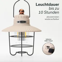 Akku-Lampe in Beige mit schwarzem Gitter. Sie hat eine Leuchtdauer von bis zu 10 Stunden und einen USB-C-Anschluss.