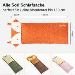 Orangefarbener Schlafsack mit Fuchsdesign und zwei weiteren in Tiermotiven, zu sehen in drei unterschiedlichen Ausführungen.