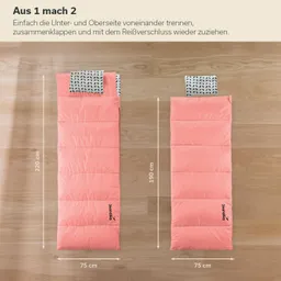 Zwei Schlafsäcke in korallenrot auf einem Holzfußboden. Der linke Schlafsack ist 220 cm lang, der rechte 190 cm. Beide haben eine gepolsterte Oberseite mit einem Muster.