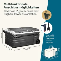 Kühlbox mit mehreren Anschlüssen, z. B. Steckdose und Zigarettenanzünder. Maße: 100,5 x 57,1 x 46,5 cm. Volumen: 95 l.