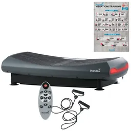 Vibrationsplatte in Grau mit Fernbedienung und zwei Widerstandsbandgriffen. Im Hintergrund eine Trainingsanleitung.
