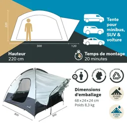 Zelt mit seitlichem Profil. Abmessungen: Höhe 220 cm, Breite 300 cm, tiefe 120 cm. Geeignet für 4 Personen. Montagezeit 20 Minuten.