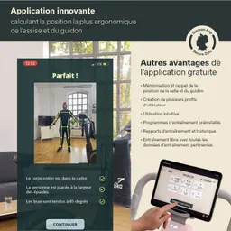 Anwendung zur Berechnung der ergonomischen Position von Sitz und Lenker links eine Person in Arbeitsoutfit, rechts Funktionen der App.