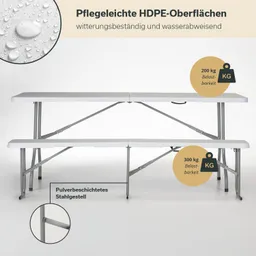Klappbank mit zwei Sitzen, weißen HDPE-Oberflächen und pulverbeschichtetem Stahlgestell. Belastbarkeit: 200 kg und 300 kg.