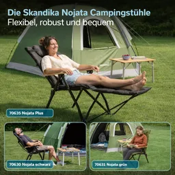 Campingstühle in einer grünen Umgebung, eine Person entspannt auf einem Stuhl, Zelt im Hintergrund. Drei Stuhlmodelle abgebildet.